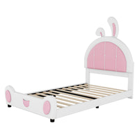 Twin Size Upholstered Platform Bed With Rabbit Shaped Headboard, White Box Spring Not Required Twin White Pink Wood Bedroom Bed Frame Faux Leather Upholstered