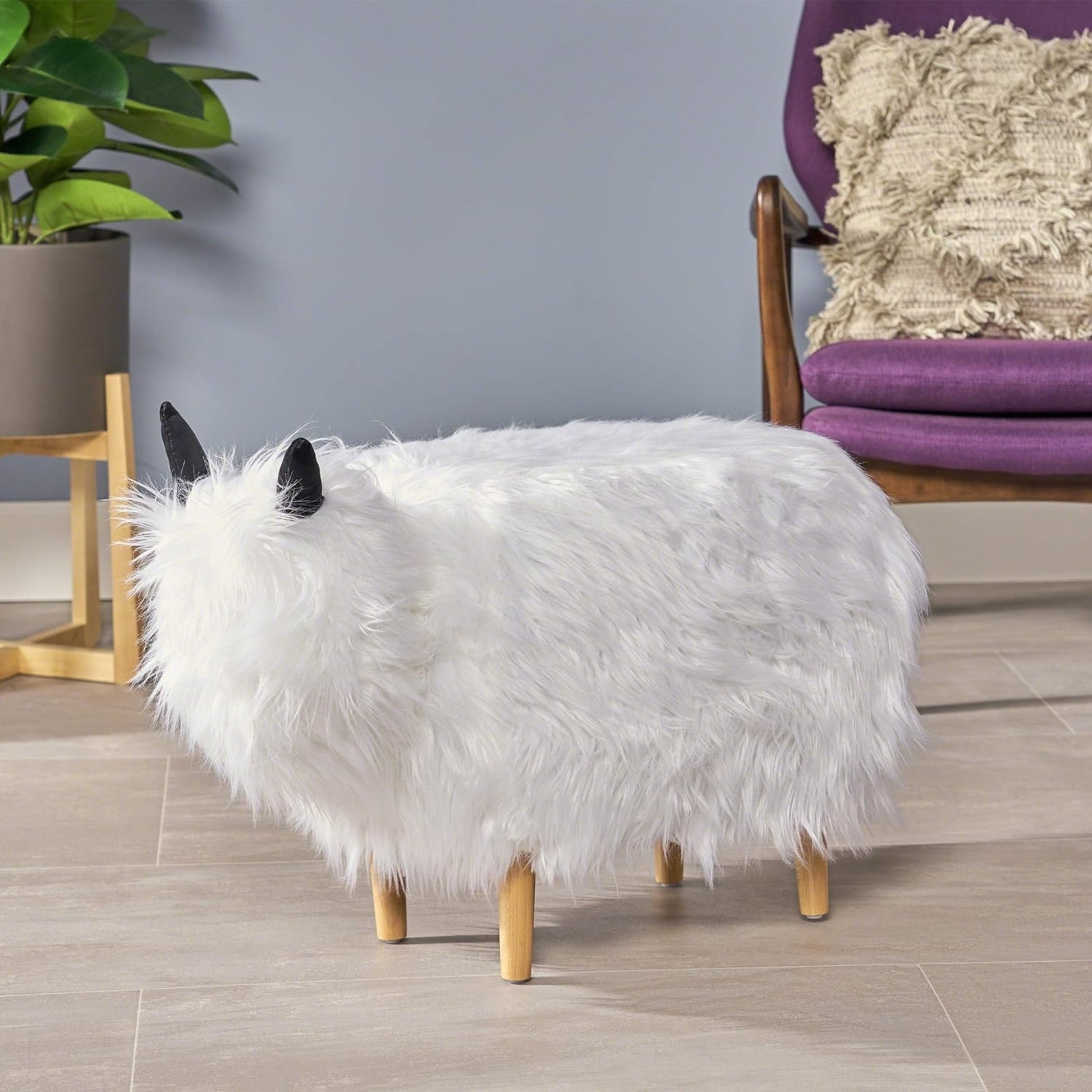 Adorable Upholstered White Yak Ottoman, Cute Wood Foot Stool Shoes Changing Seat With Cushioned For Adult Living Room, Bedroom, Nursery Gameroom, Playroom, Porch Furniture White Light Brown Primary Living Space Art Deco,Artsy,Contemporary,Cute,Modern