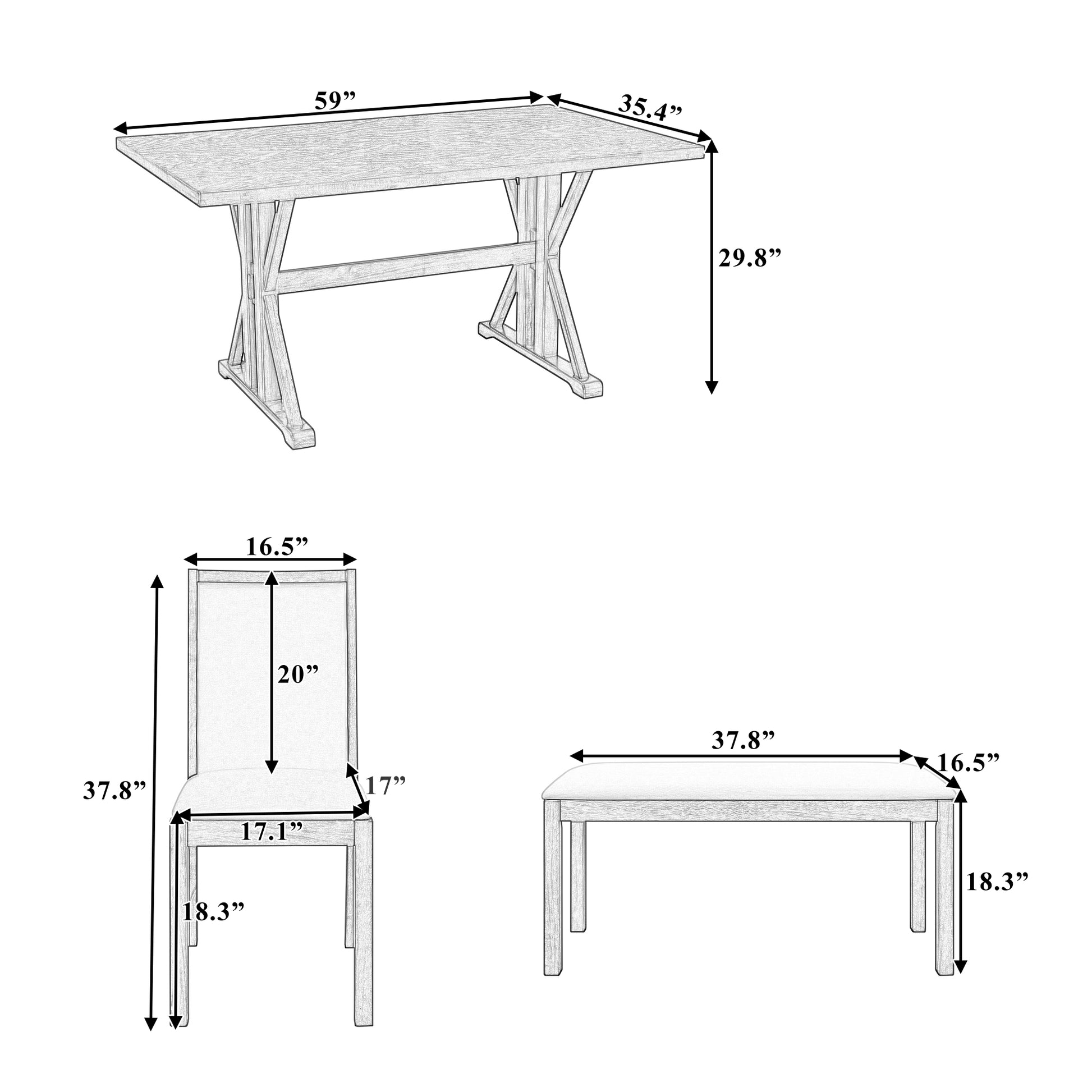 Farmhouse Classical 6 Piece Dining Table Set With Trestle Legs,Kitchen Table Set For 6 With 4 Upholstered Dining Chairs And Bench, Natural Wood Dining Room Solid Wood Rubberwood Rectangular Dining Table With Chair And Bench Upholstered Chair Wood Natural