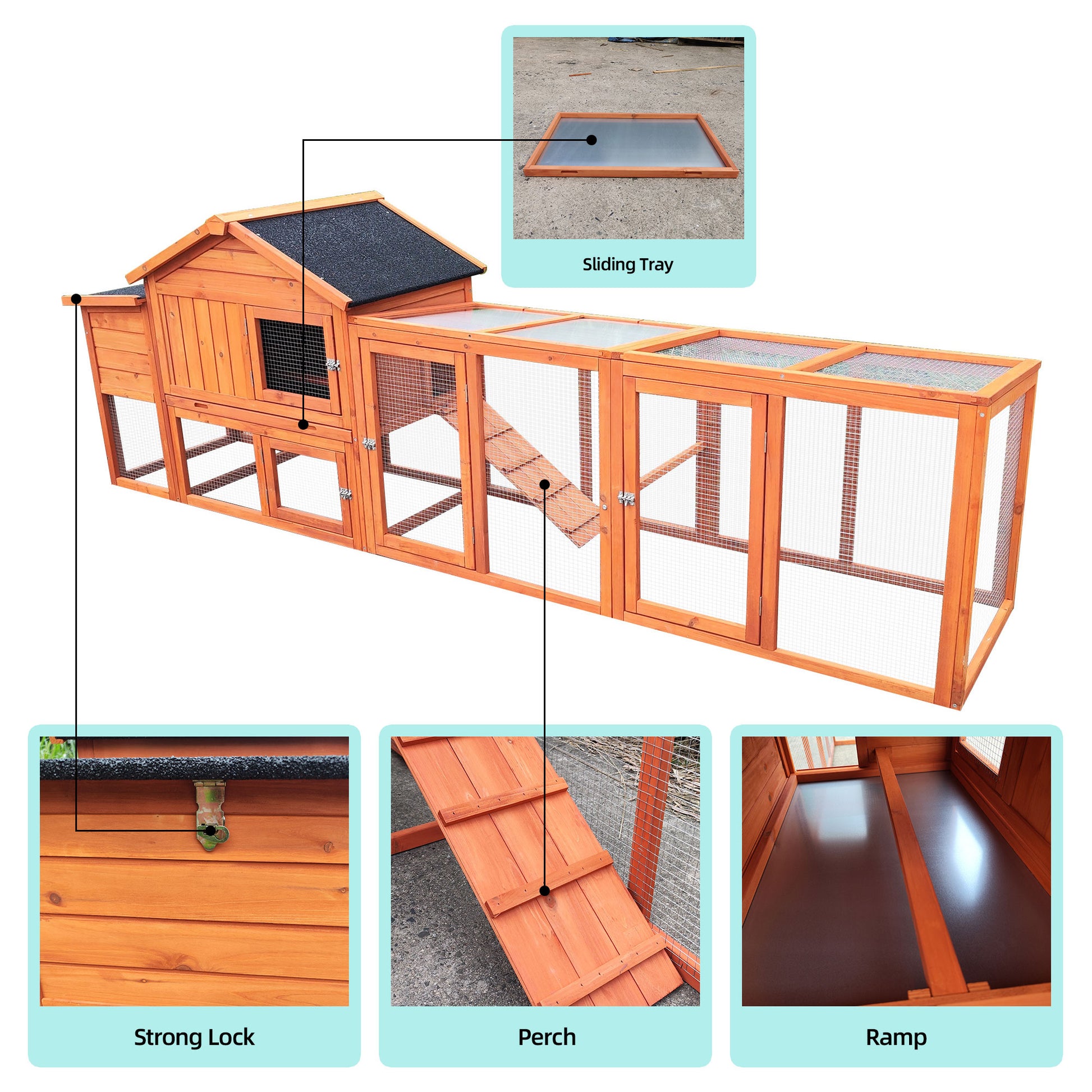 111.5" Wooden Chicken Coop, Large Hen House With Nesting Box Poultry Cage, Rabbit Hutch Bunny Cagewaterproof Uv Panel For Backyard Natural Wood