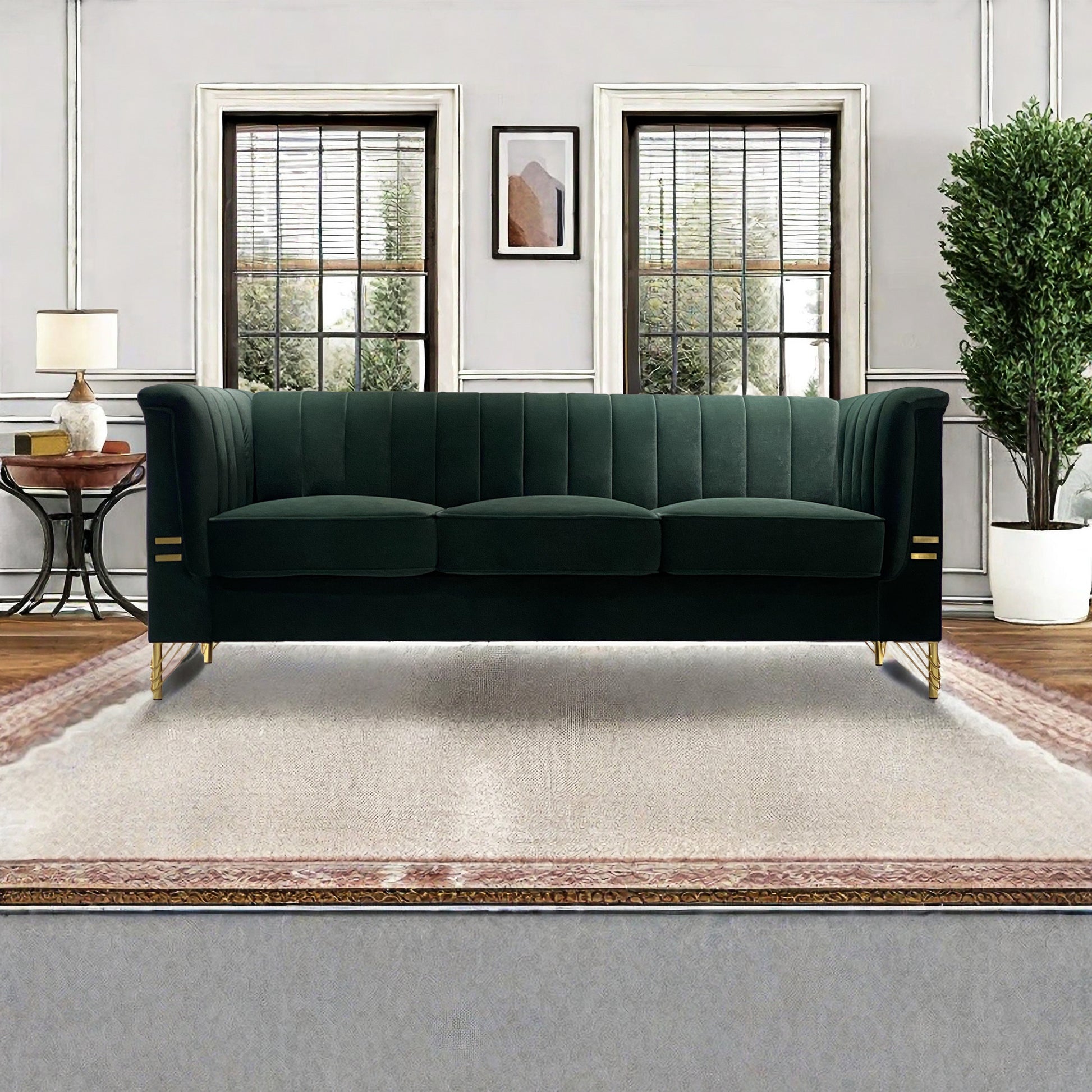 Fx P82 Gr Sofa 82.67'' W Velvet Sofa, Mid Century Sofa Furniture Chesterfield Couch For Living Room Sofa, Green Green Velvet 3 Seat