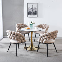 White Modern Chair Set Of 2 With Golden Color Iron Tube Legs, Soft Cushions And Comfortable Backrest, Suitable For Dining Room, Living Room, Cafe,Hairball Back Beige Black Fabric