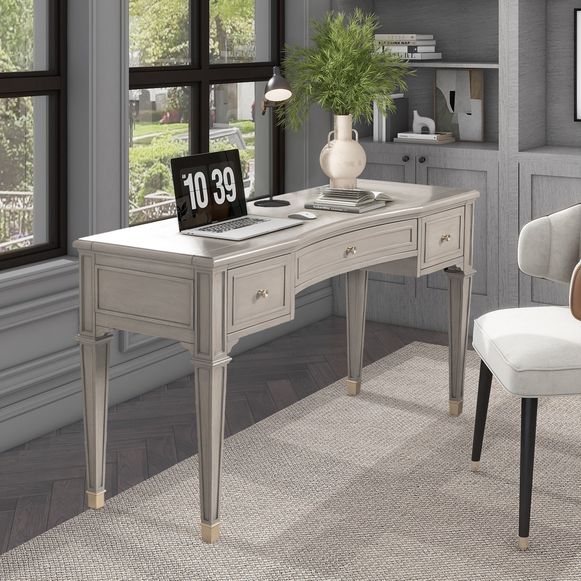 Dauphin 55" 3 Drawer Wood Executive Desk, Grey Cashmere Wood Gray Solid Wood Mdf Solid Wood Mdf