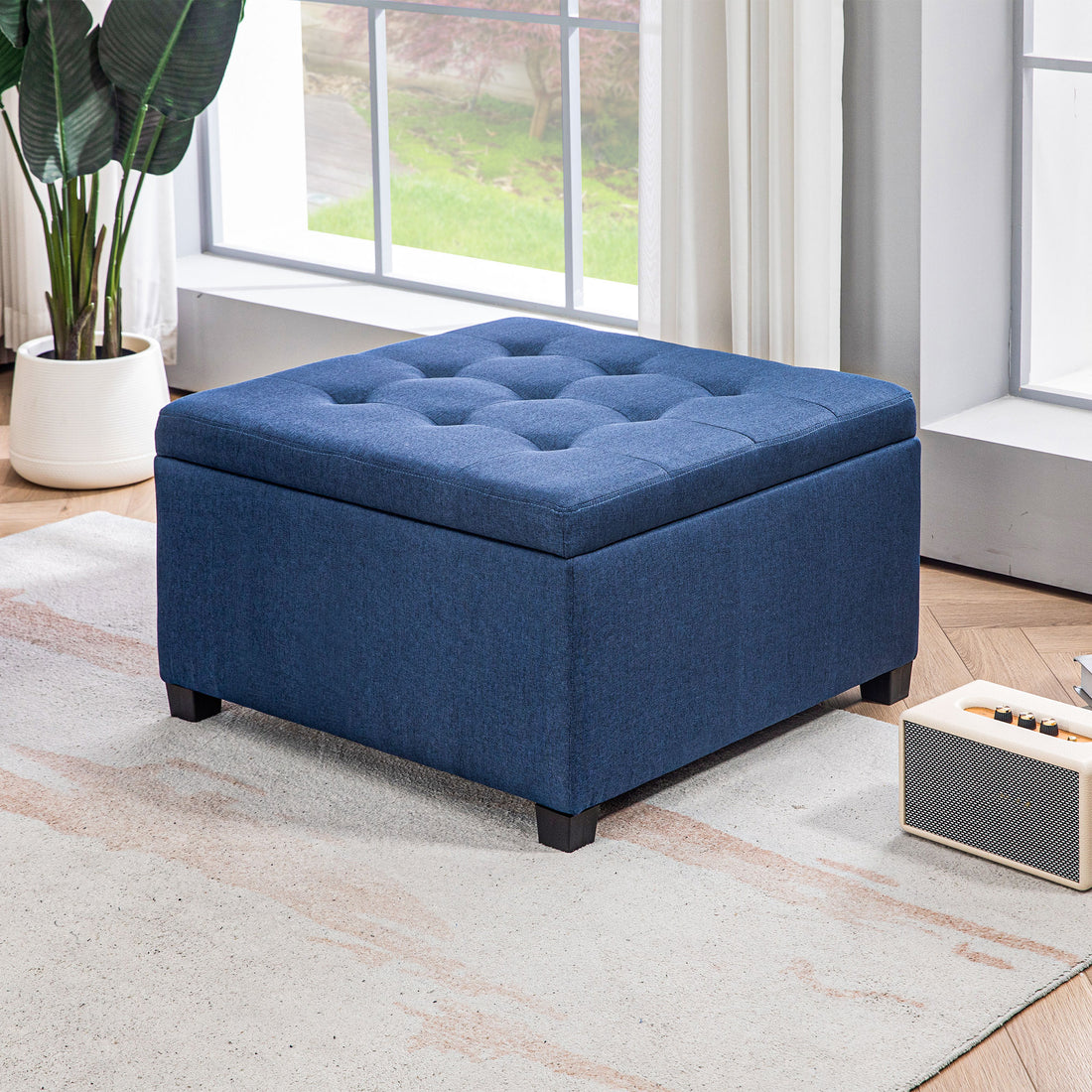 Homcom Fabric Tufted Storage Ottoman With Flip Top Seat Lid, Metal Hinge And Stable Eucalyptus Wood Frame For Living Room, Entryway, Or Bedroom, Blue Blue Polyester