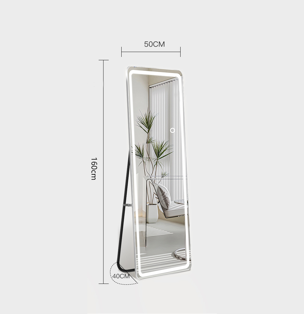 Floor Mirror With Led Light, 63" X 20" Full Length Mirror With Stand, Hanging Mirror Wall Mounted Mirror With Dimming & 3 Color Lighting, Full Body Mirror For Living Room Bedroom Cloakroom, White White Glass Metal