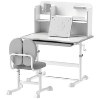 Qaba Kids Desk And Chair Set, Height Adjustable Kids School Study Desk And Chair Set With Tilt Desktop, Storage Drawer And Reading Rack For Writing, Reading And Drawing, Gray Gray Mdf