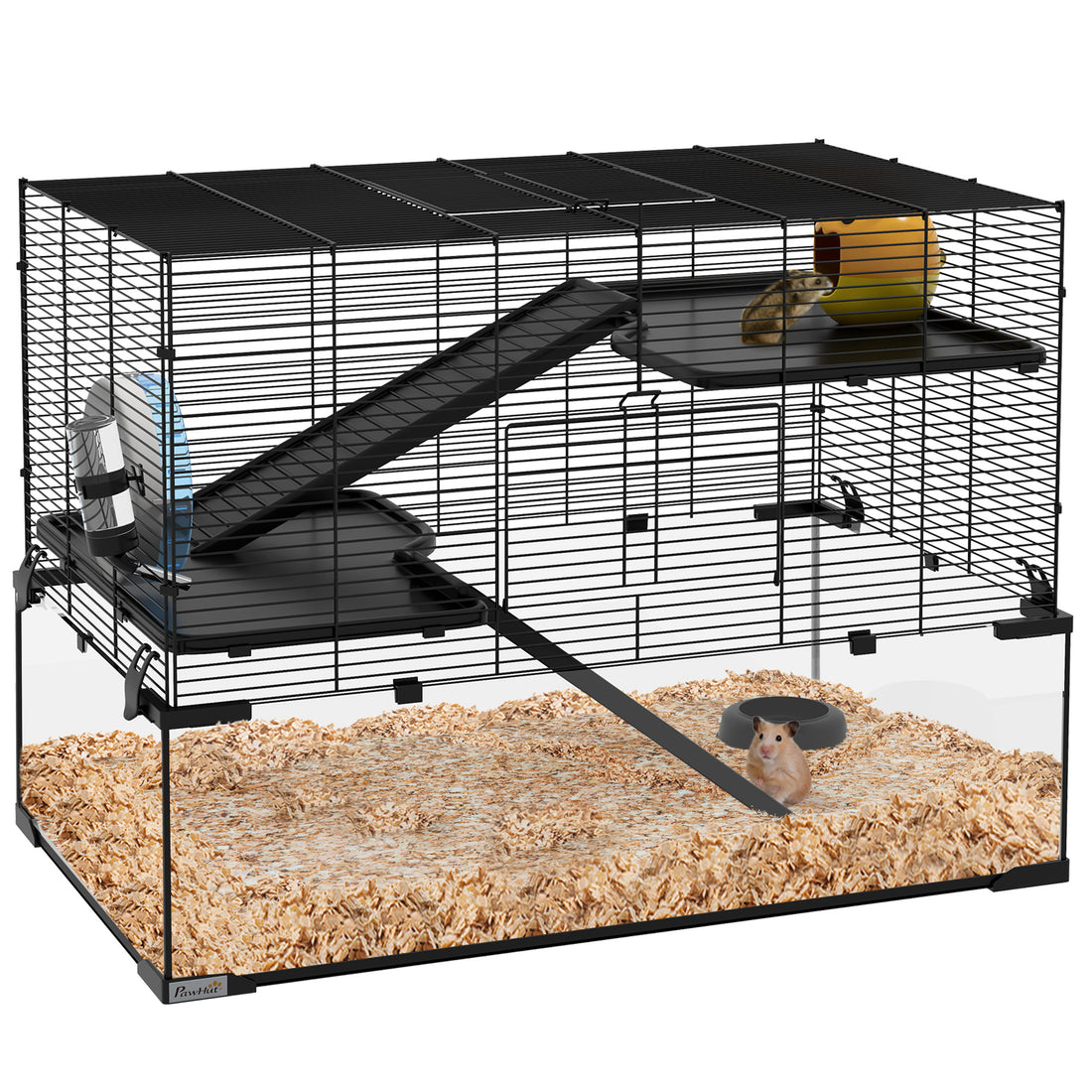 Pawhut Hamster Cage, 31" Gerbil Cage With Glass Basin, Ramps, Platforms, Hut, Exercise Wheel, For Small Hamsters, Black Black Steel