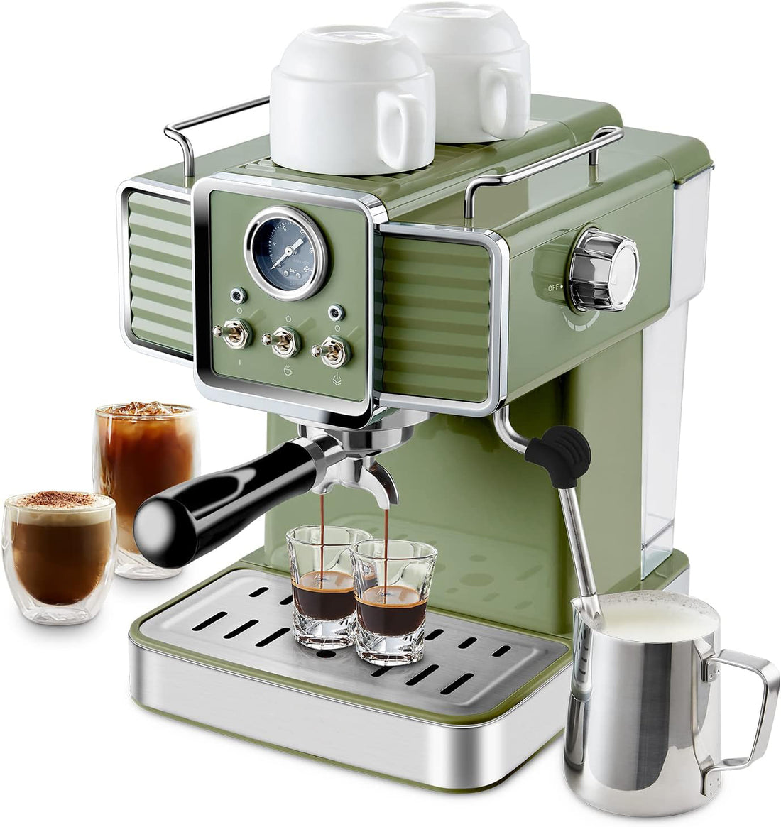 15 Bar Espresso Coffee Machine With Milk Frother Steam Wand, 1350W Professional Coffee Maker, 54 Oz Removable Water Tank Espresso Maker Cappuccino, Latte, Machiato, Green, For Home Barista Green Plastic