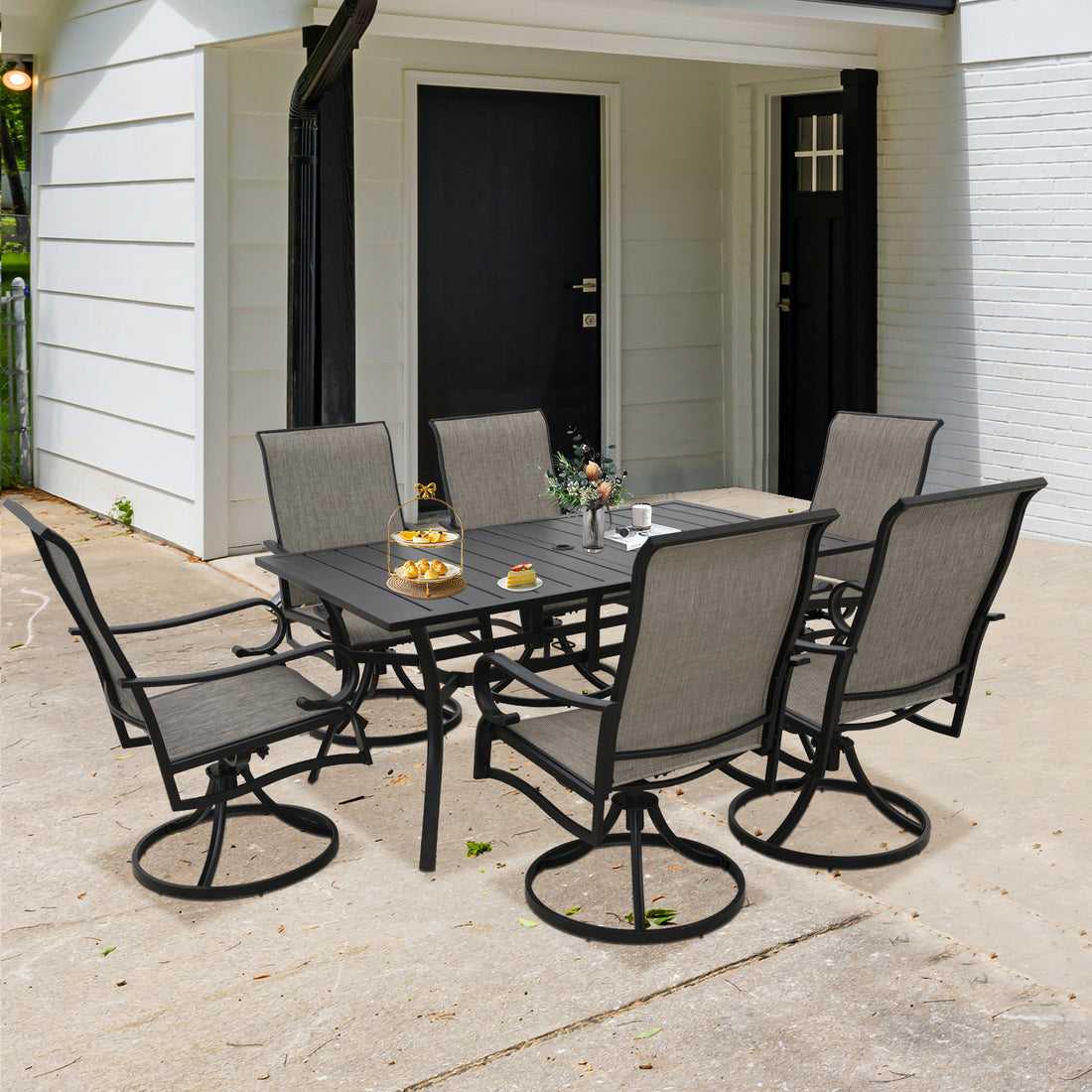 Patio Dining Swivel Rocker Chairs Set Of 2, Textilene High Back 360 Swivel Chairs For Dining Room Outdoor Porch Deck Dining Set Black Gray Garden & Outdoor American Design Complete Patio Sets Iron