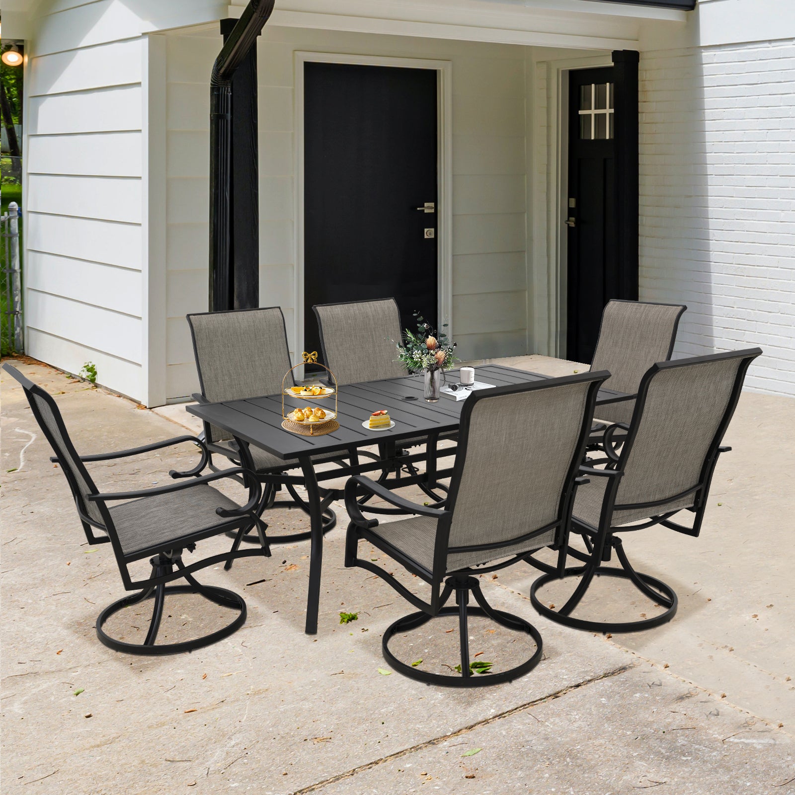 Patio Dining Swivel Rocker Chairs Set Of 2, Textilene High Back 360 Swivel Chairs For Dining Room Outdoor Porch Deck Dining Set Black Gray Garden & Outdoor American Design Complete Patio Sets Iron