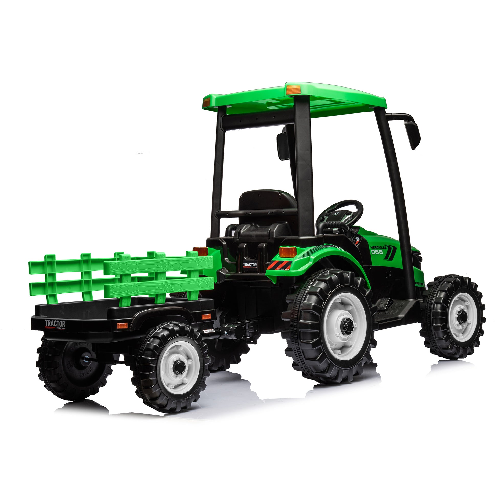 Pedal Tractors With Working Loader And Backhoe Digger, Kids' Ride On Car Toys 24V Battery Powered Electric Vehicles With Trailer, Digger For Toddlers Green Green Plastic