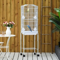 Pawhut 60" Metal Indoor Bird Cage Starter Kit With Detachable Rolling Stand, Storage Basket, And Accessories, White White Steel