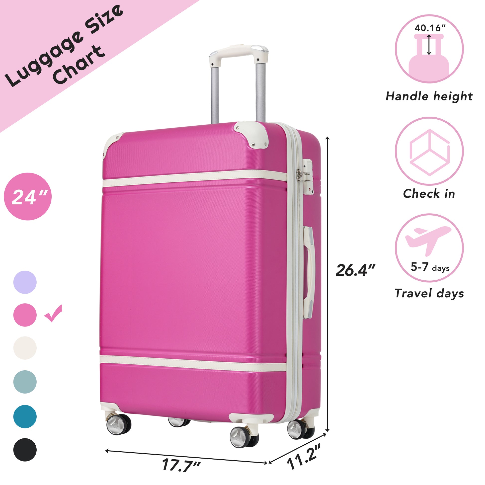 Hardshell Luggage With Tsa Lock24" Expandable Lightweight Suitcase With Spinner Wheels, Single Vintage Luggage,Pink Pink Abs