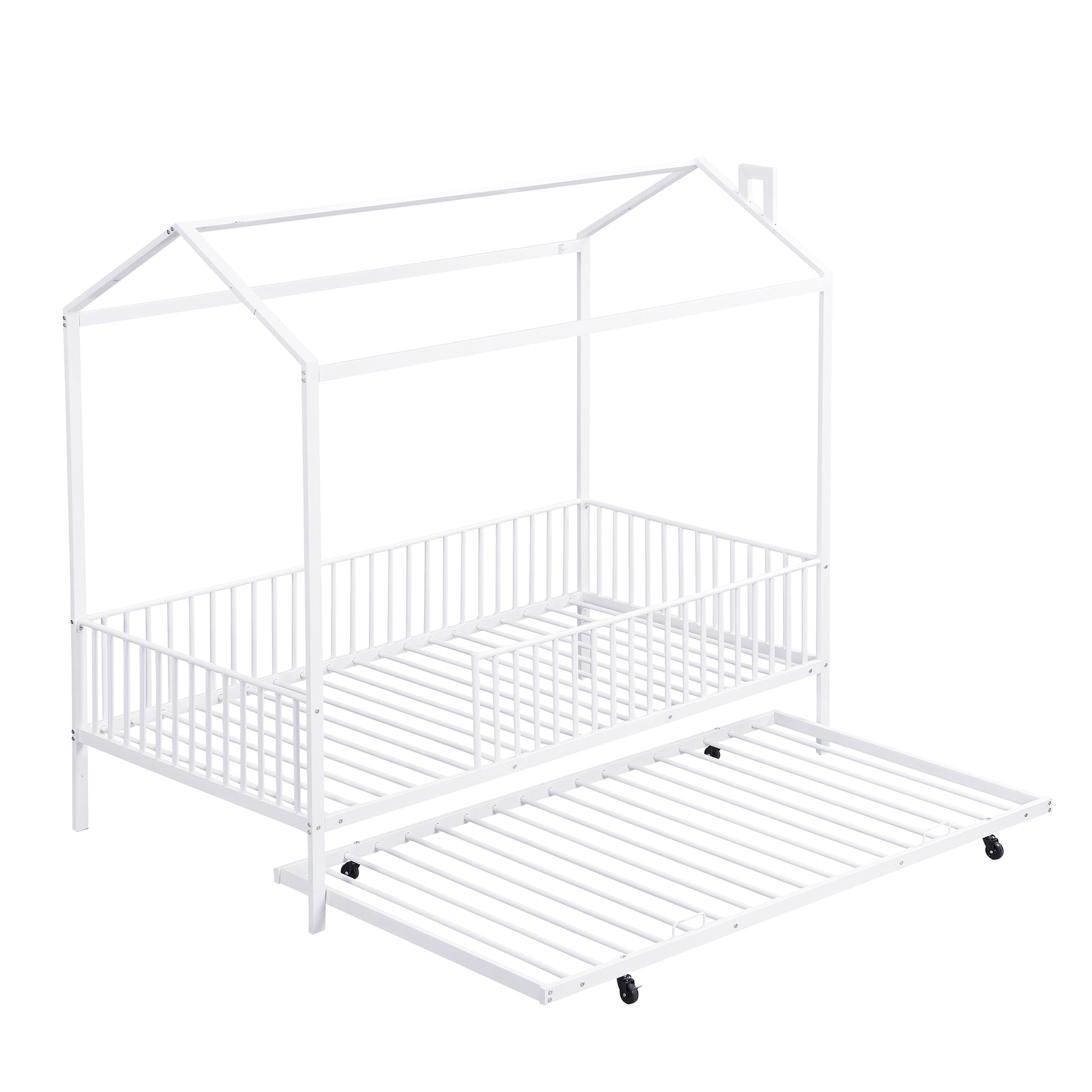 Twin Size Metal House Bed With Fence, With Trundle, White Twin White Metal