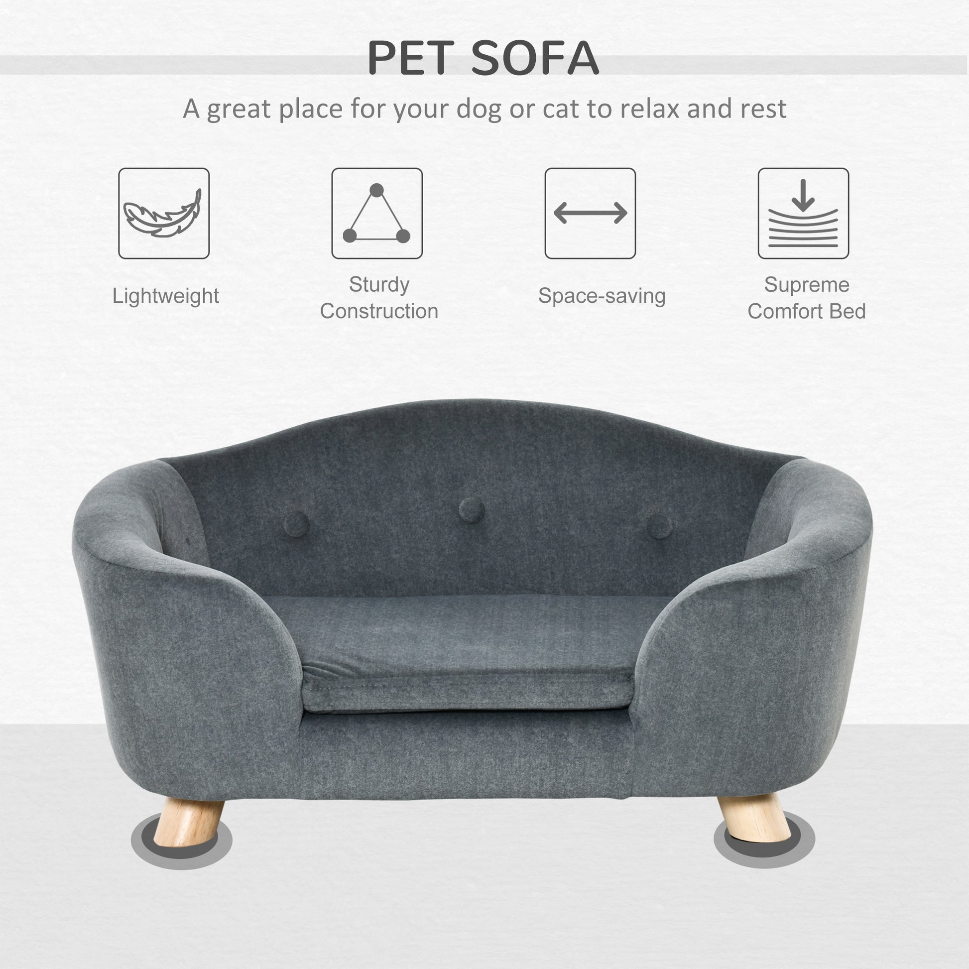 Pawhut Dog Cat Couch, Pet Dog Sofa Bed For Miniature Dogs With Washable And Removable Cushion, Waterproof Cover, Gray Gray Plush