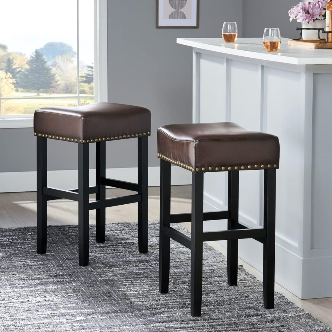 30 Inch Backless Brown Leather Counter Stool Set Of 2 Brown Set Of 2 Leather