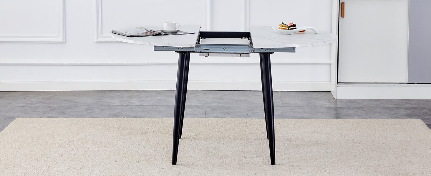 With A Clever Retractable Mechanism, The Mdf Table Top Is Made Of Black Metal Legs And Has A Smooth And Delicate Surface. The Unique Look Creates The Sleekof A Modern Home. White Mdf Metal