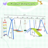 6 In 1 Swing Set For Kids, Toddle Outdoor Swing And Slide Set, Backyard Playground Playsets With Climbing Rope Ladder, Disc Swing, Monkey Bar Swing, Slide And Climbing, Saucer Swing, Swing Ring Blue
