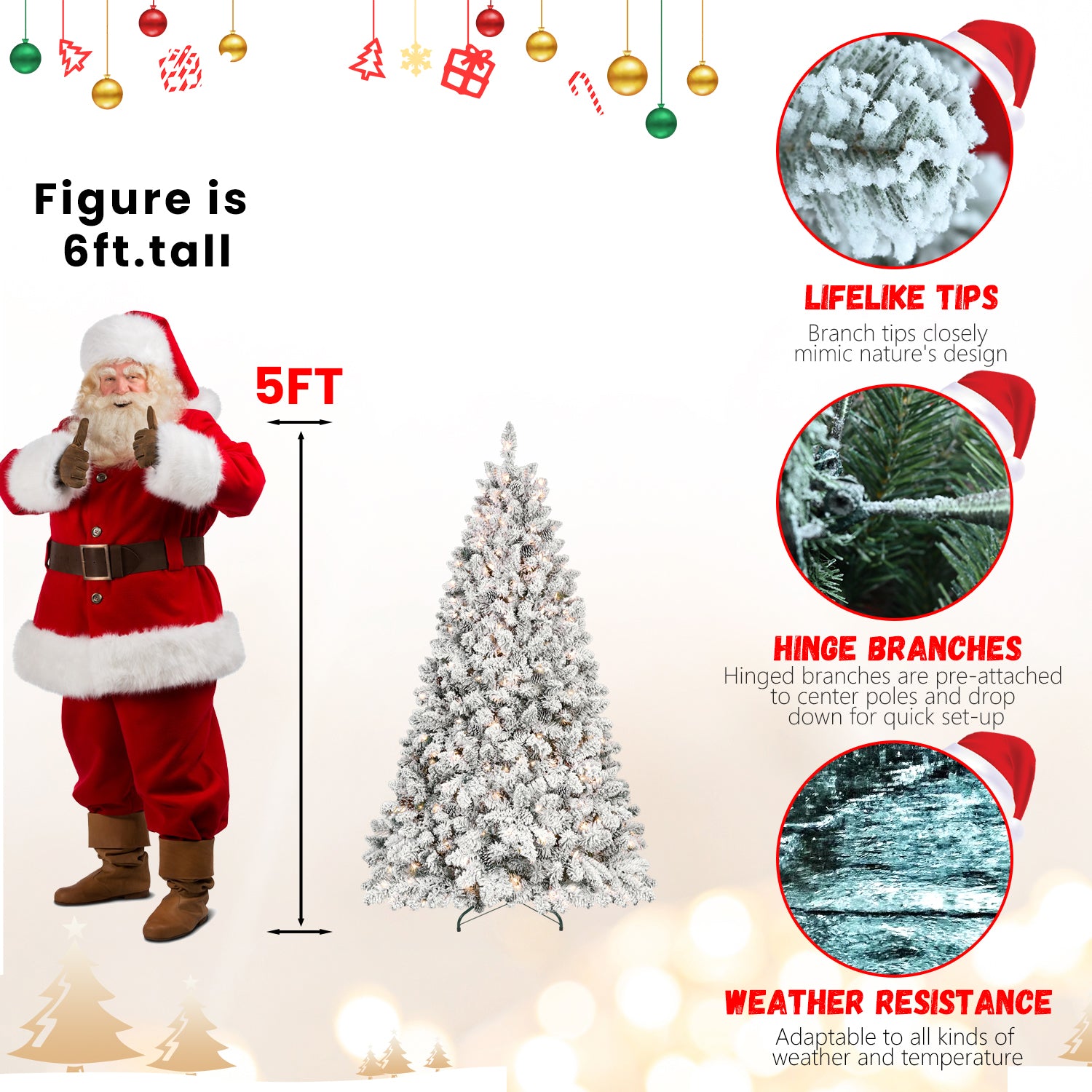 9Ft Snow Flocked Artificial Christmas Tree With Pine Cones, Prelit Xmas Trees, Hinged Easy Assembly & Reinforced Metal Base Ideal For Indoor & Outdoor Festive Decorations White Polyethylene