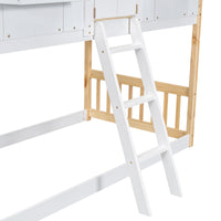 Twin Over Twin House Bunk Bed With Roofwindow, Window Box, Doorwith Safety Guardrails And Ladder, Natural White Twin Natural White Pine