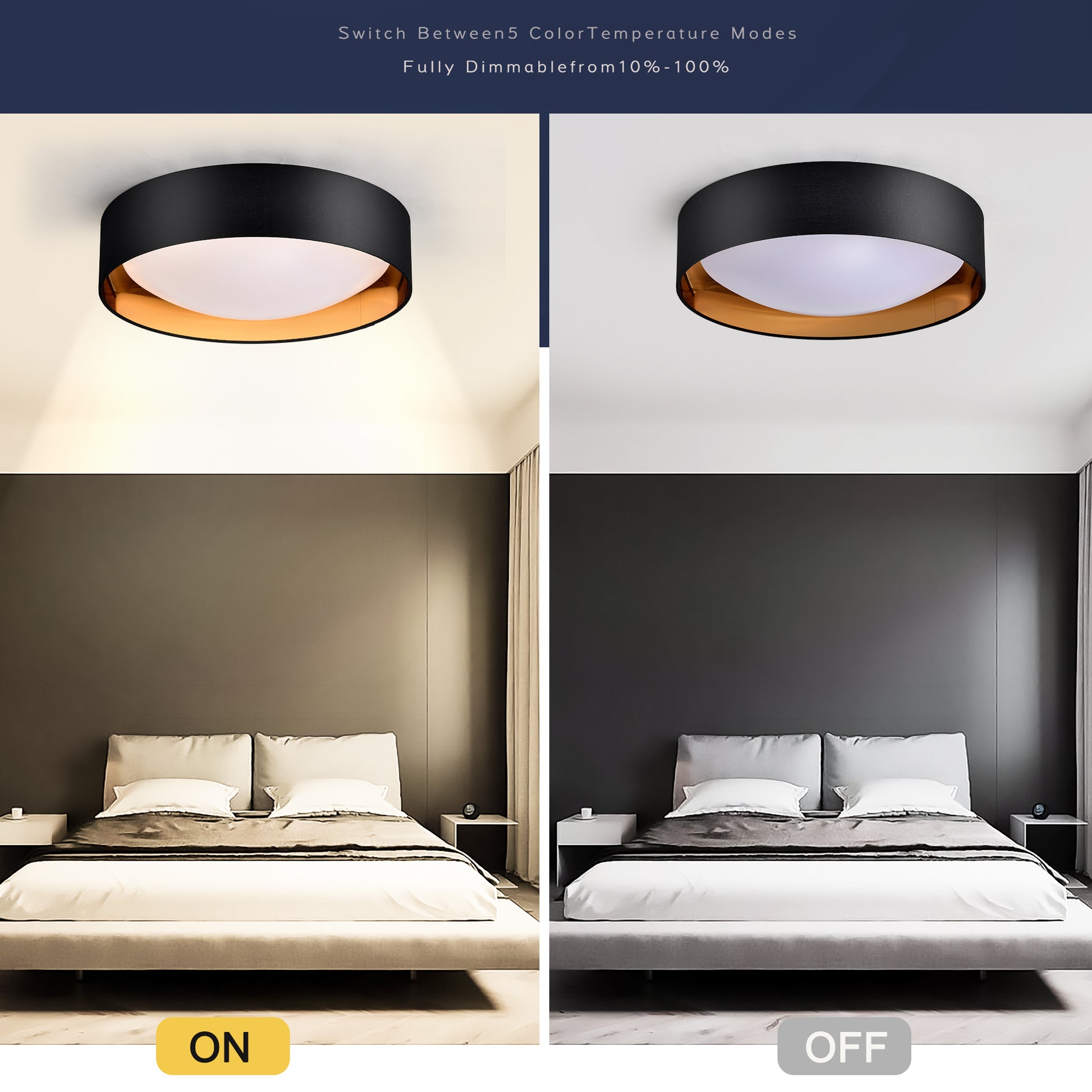 16.93Inch Flush Mount Ceiling Light 24W, 5 Cct Selectable 2700K 3000K 3500K 4000K 5000K Dimmable Ceiling Light Fixture, 2400Lumen Black Round Led Ceiling Light Flush Mount For Bedroom Black And Gold Black Fabric Acrylic