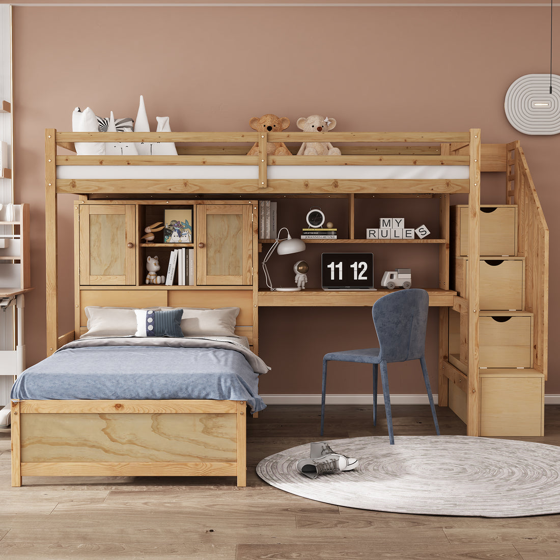 Twin Over Twin Loft Bed With Built In Desk And Staircase, With Storage Compartments And Shelves, Natural Twin Box Spring Not Required Natural Wood Pine