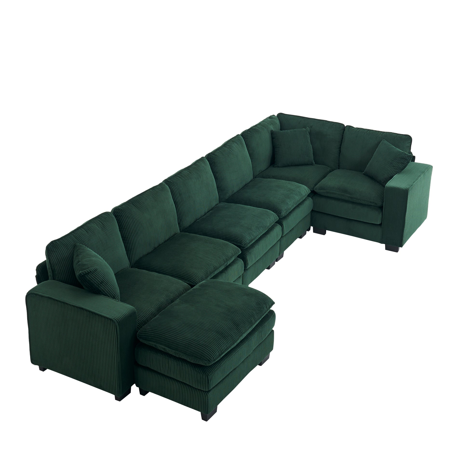 Modern U Shaped 6 Seat Sectional Sofa Couch With One Ottoman And Three Toss Pillows ,Modular Sofa For Living Room,Corduroy Sofa Green Corduroy 7 Seat