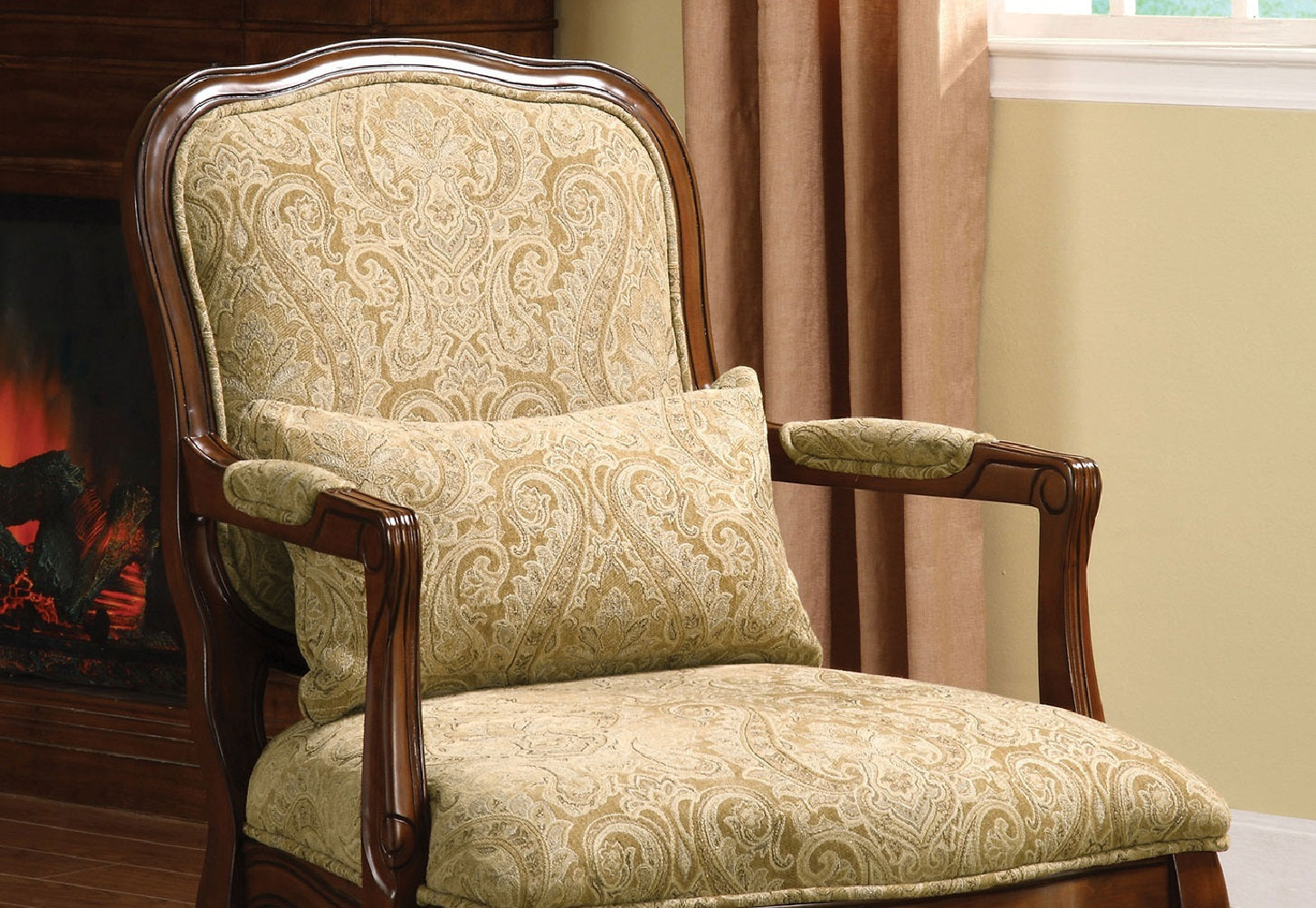 Queen Anne Style Legs Traditional Accent Chair W Pillow Beige Fabric Dark Cherry Solid Wood Padded Seat 1Pc Arm Chair Beige,Cherry Primary Living Space Antique,Contemporary,Traditional Fabric,Solid Wood