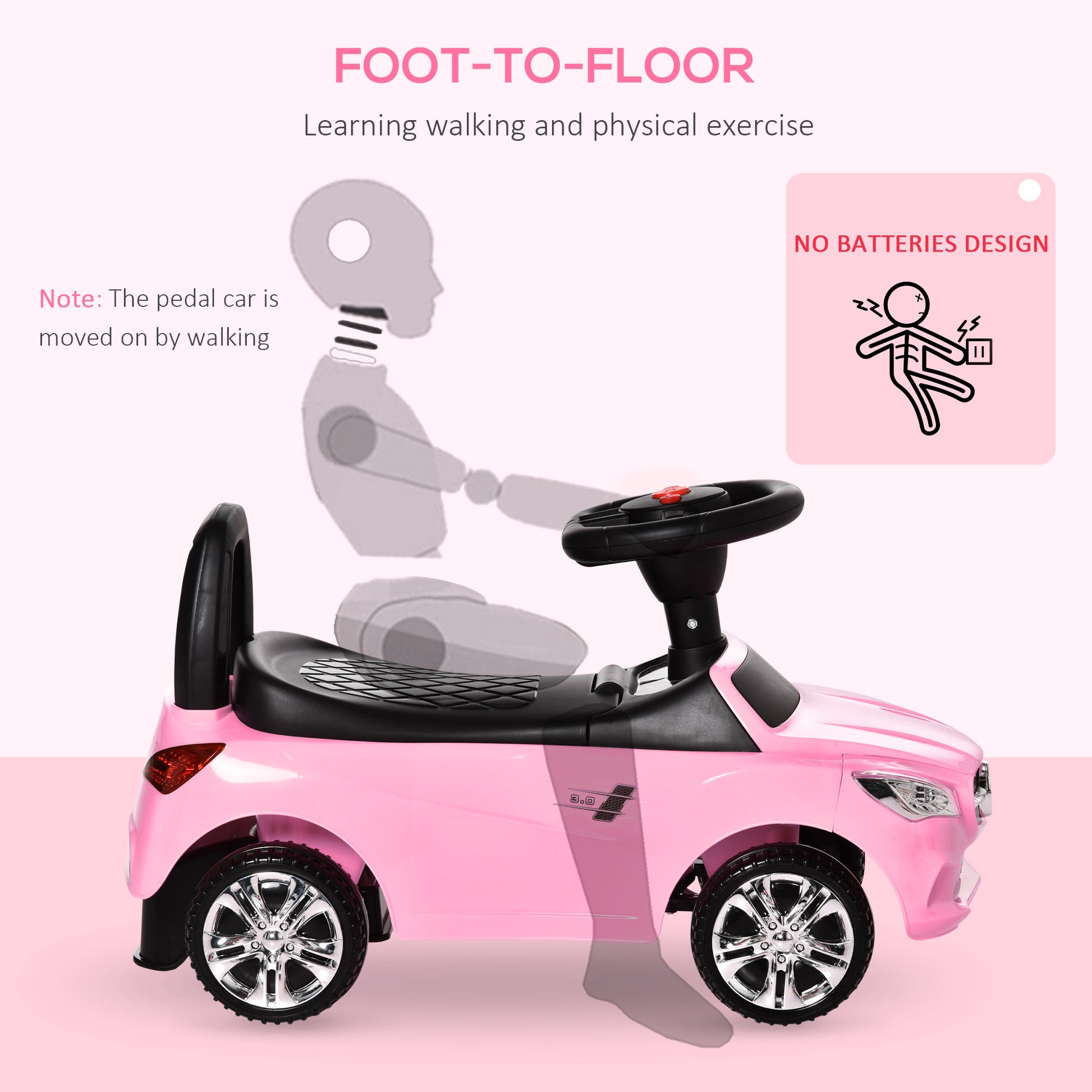 Aosom Kids Ride On Push Car, Foot To Floor Walking Sliding Toy Car For Toddler With Working Horn, Music, Headlights And Storage, Pink Pink Metal