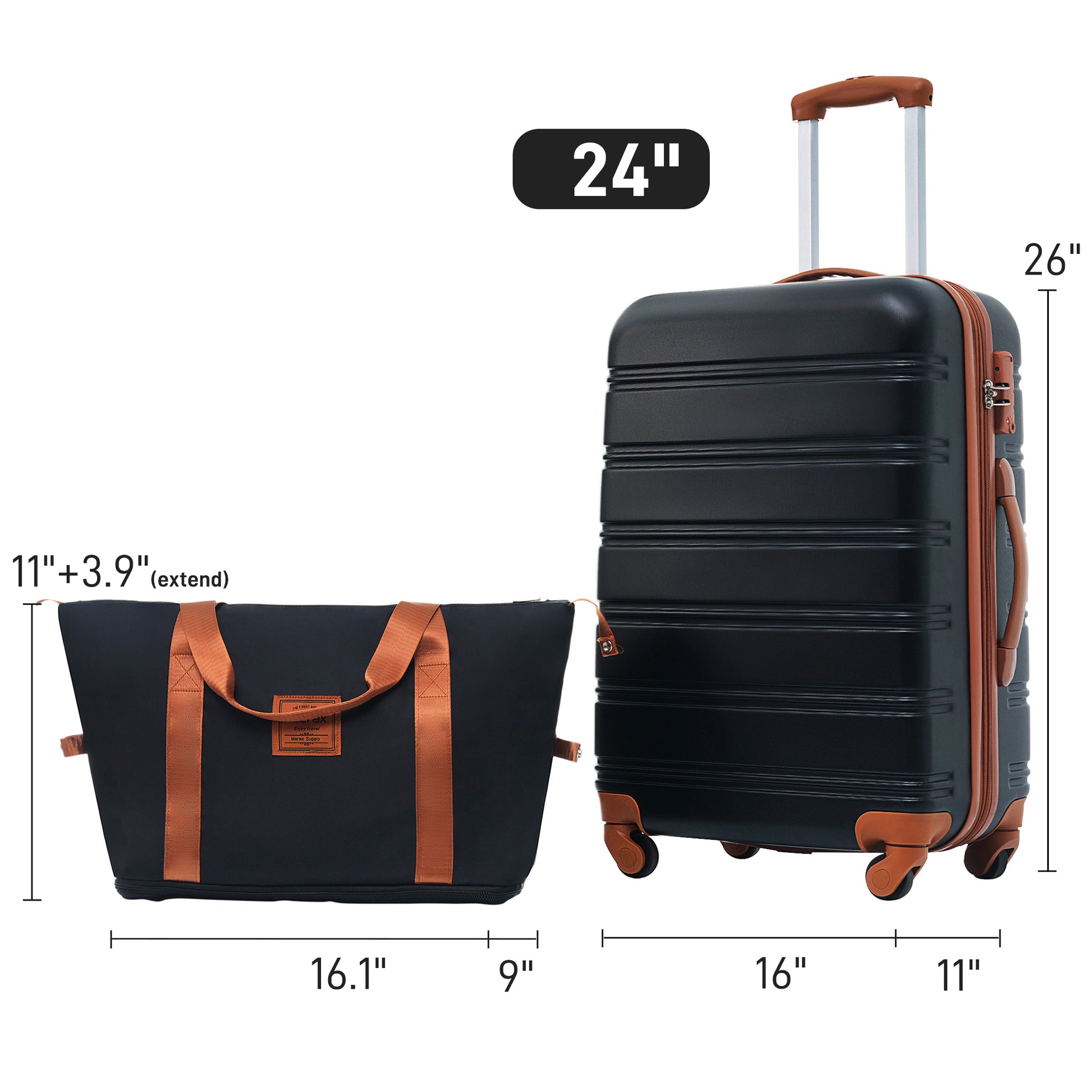 Hardshell Luggage Sets 24Inches Bag Spinner Suitcase With Tsa Lock Lightweight Black Brown Abs