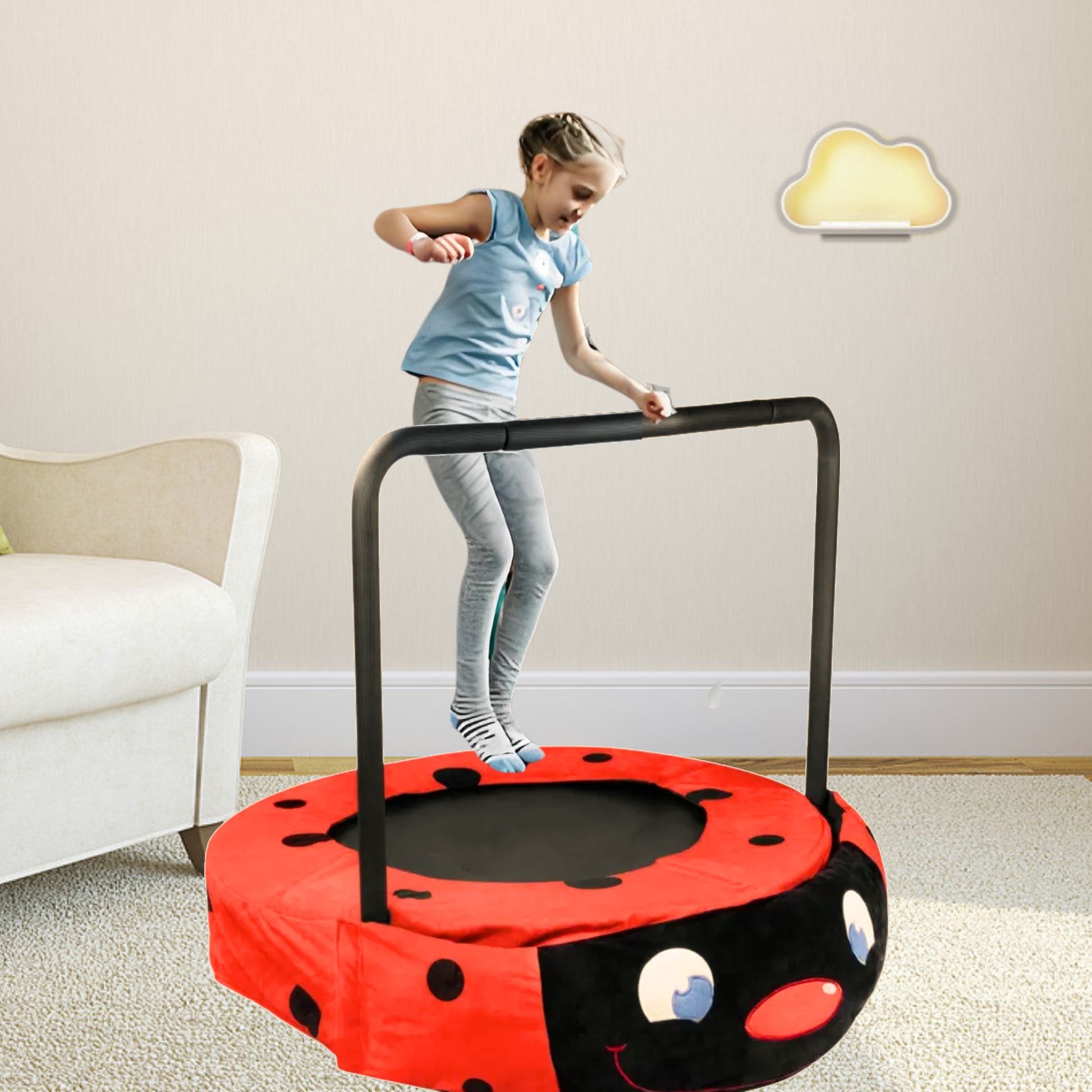 Xtp003 Assembled Children'S Trampoline Happy Expression Outdoor And Indoor Dual Use Ladybug Black And Red Foldable Iron Tube For Kids Age 3 7 Black Red Steel