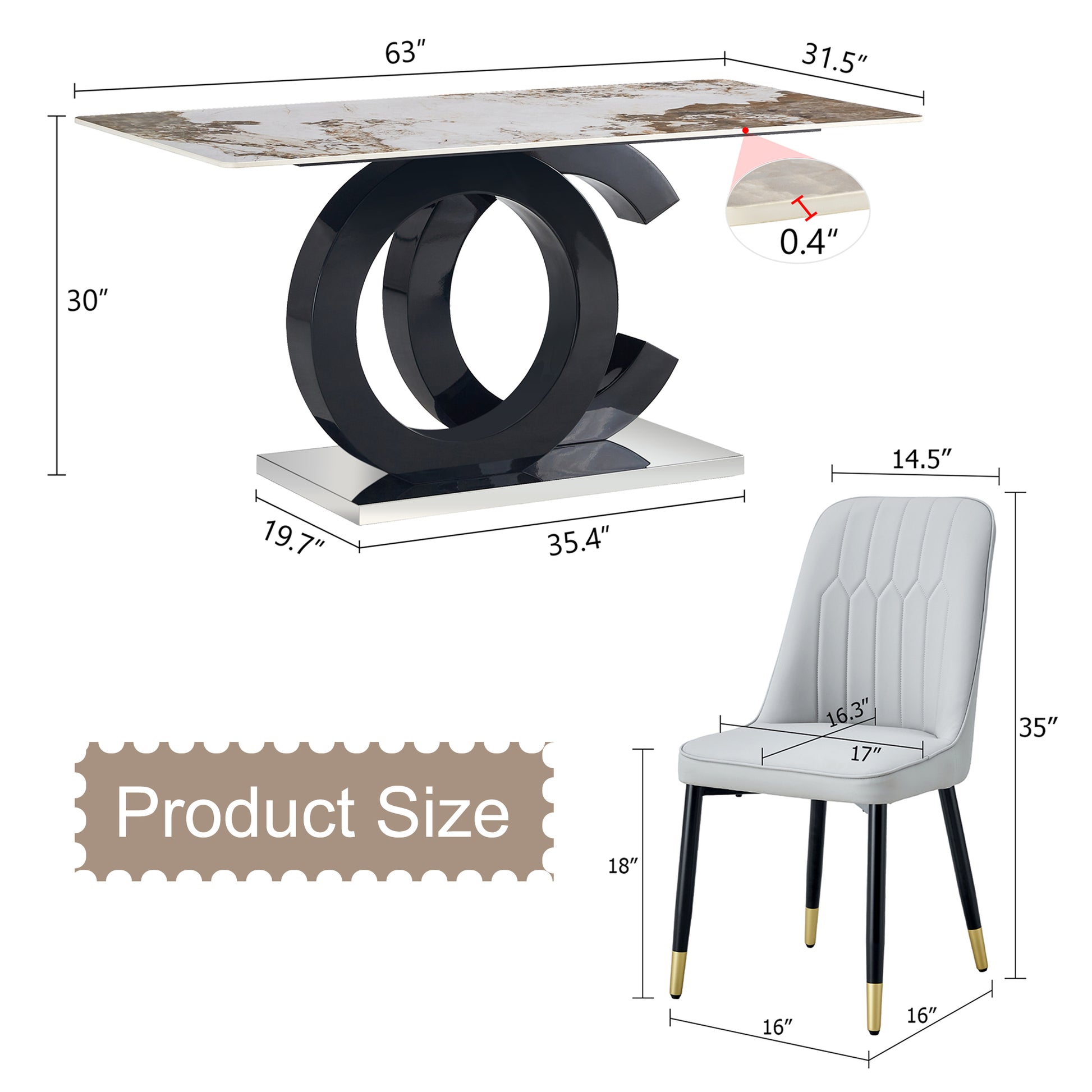 Table And Chair Set.63"X31.5" Marble Pattern Sintered Stone Table With Mdf Oc Shaped Bracket.Paired With 4 Light Gray Chairs With Pu Cushions And Black Metal Legs.Suitable For Kitchen,Dining