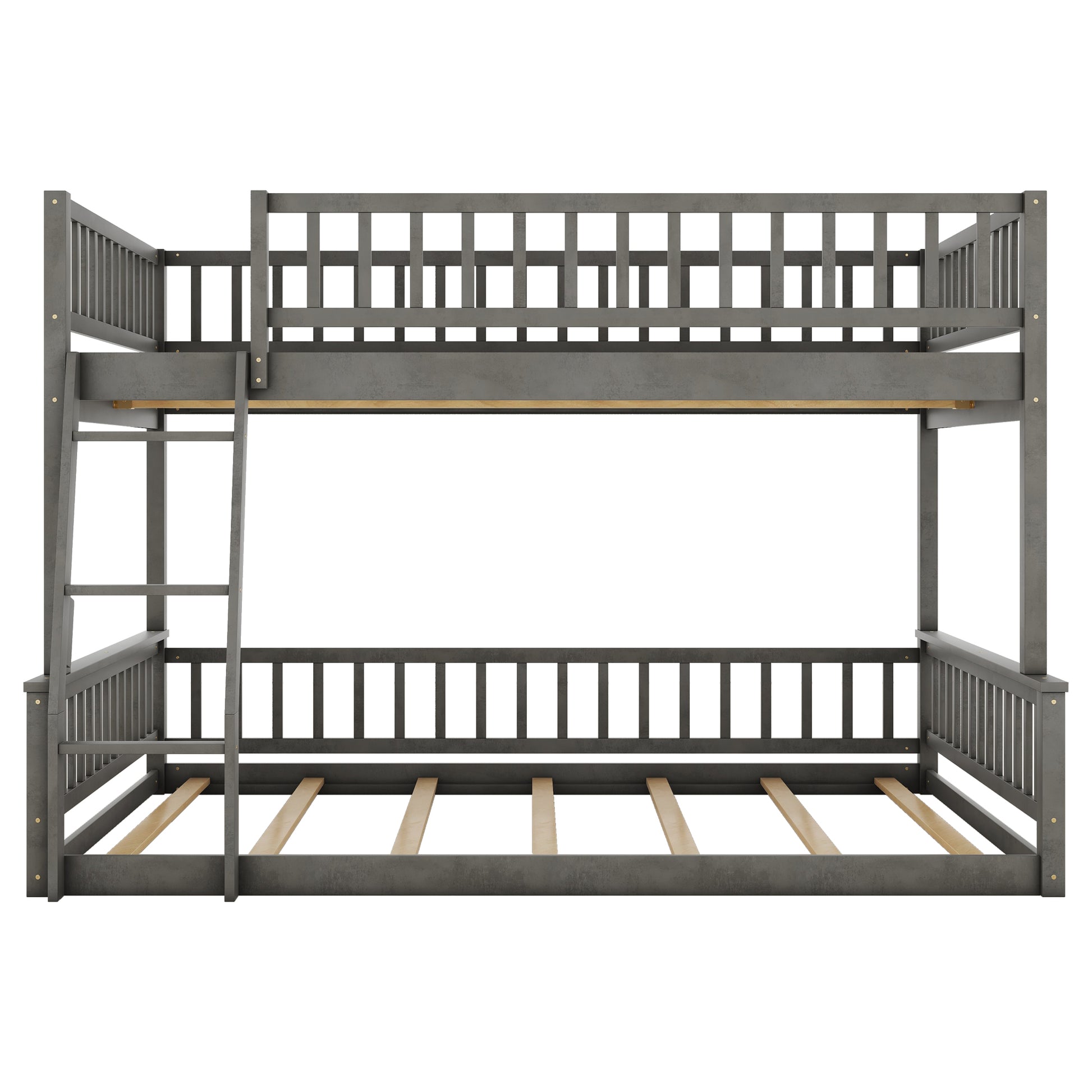 Full Xl Over Queen Bunk Bed With Ladder And Guardrails, Gray Box Spring Not Required Queen Gray Wood Bunk Solid Wood Mdf