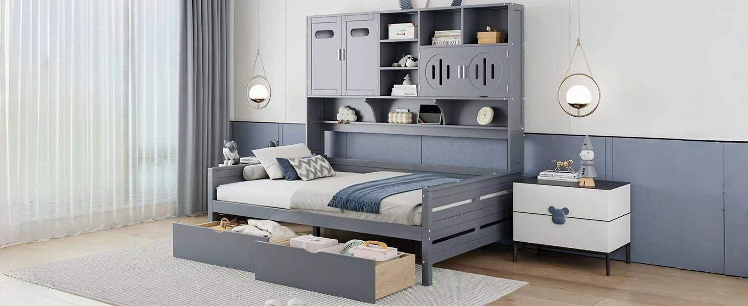 Full Size Wooden Daybed With 2 Drawers, And All In One Cabinet And Shelf, Gray Full Gray Wood