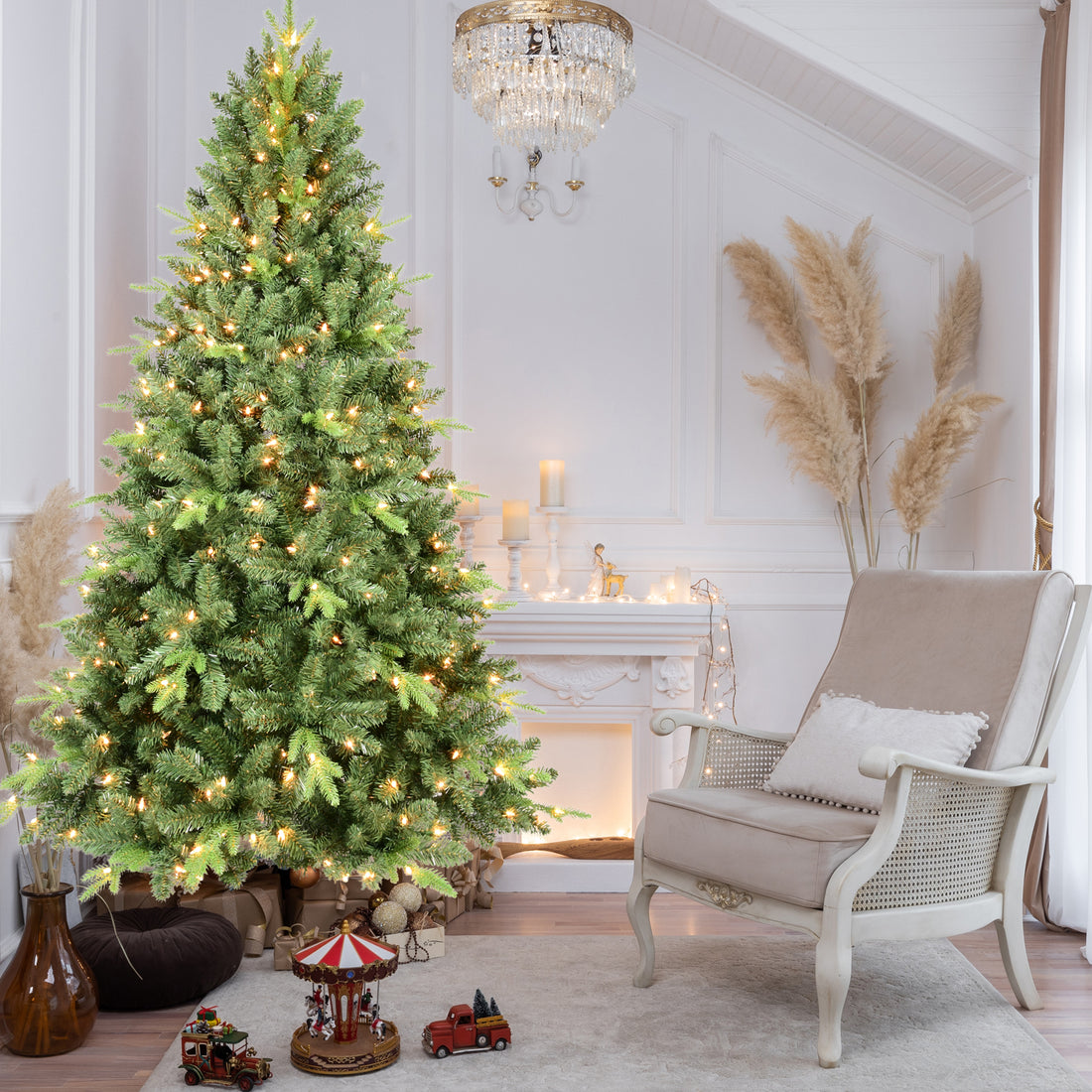 9Ft Artificial Christmas Tree With 3509 Pe&Pvc Mixed Branch Tips, Prelit Hinged Premium Spruce Fake Xmas Trees, Hinged Branch & Foldable Base, Green Green Polyethylene