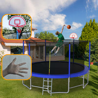 16Ft Trampoline With Balance Bar & Basketball Hoop&Ball, Astm Approved Reinforced Type Outdoor Trampoline With Enclosure Net Blue Metal