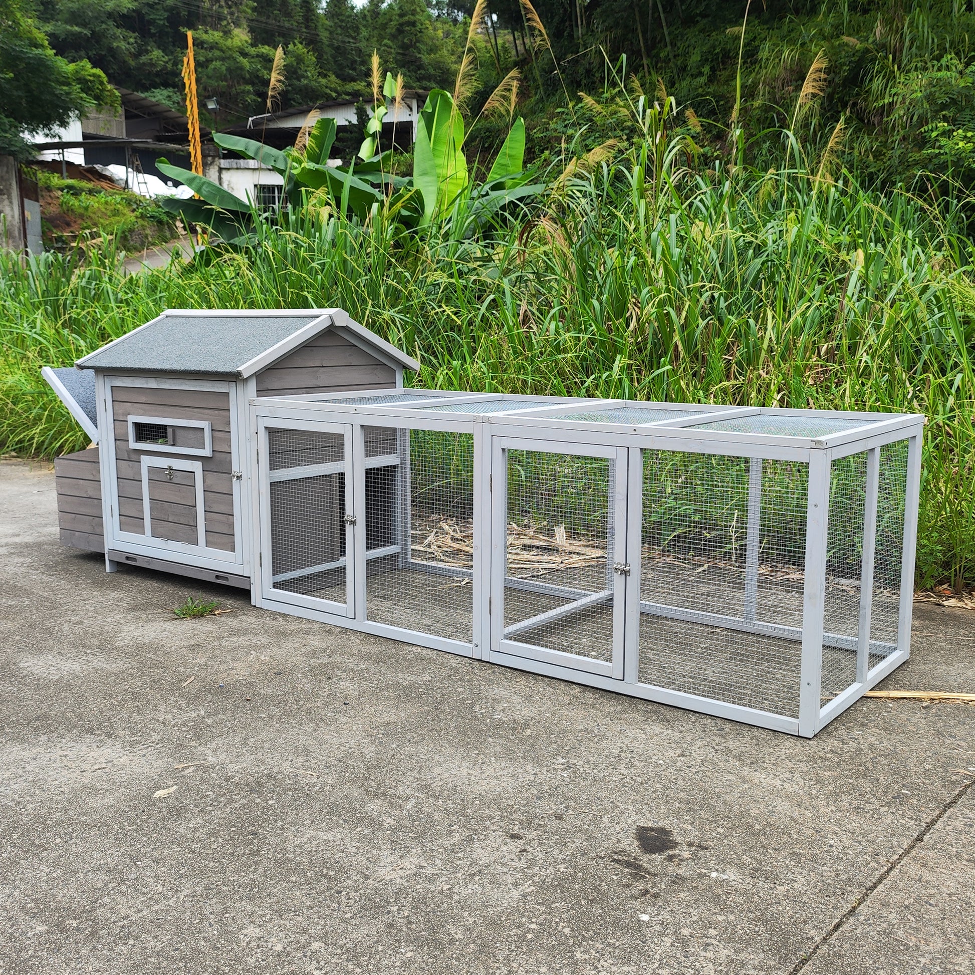 118 Wooden Chicken Coop Hen House Poultry Cage With Free Range Doors, Nesting Box,Leakproof Pull On Tray Gray Wood