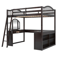 Full Wooden Loft Bed With U Shaped Desk,Storage Compartments And Tri Fold Mirror, Espresso Espresso Plywood,Solid Wood Mdf