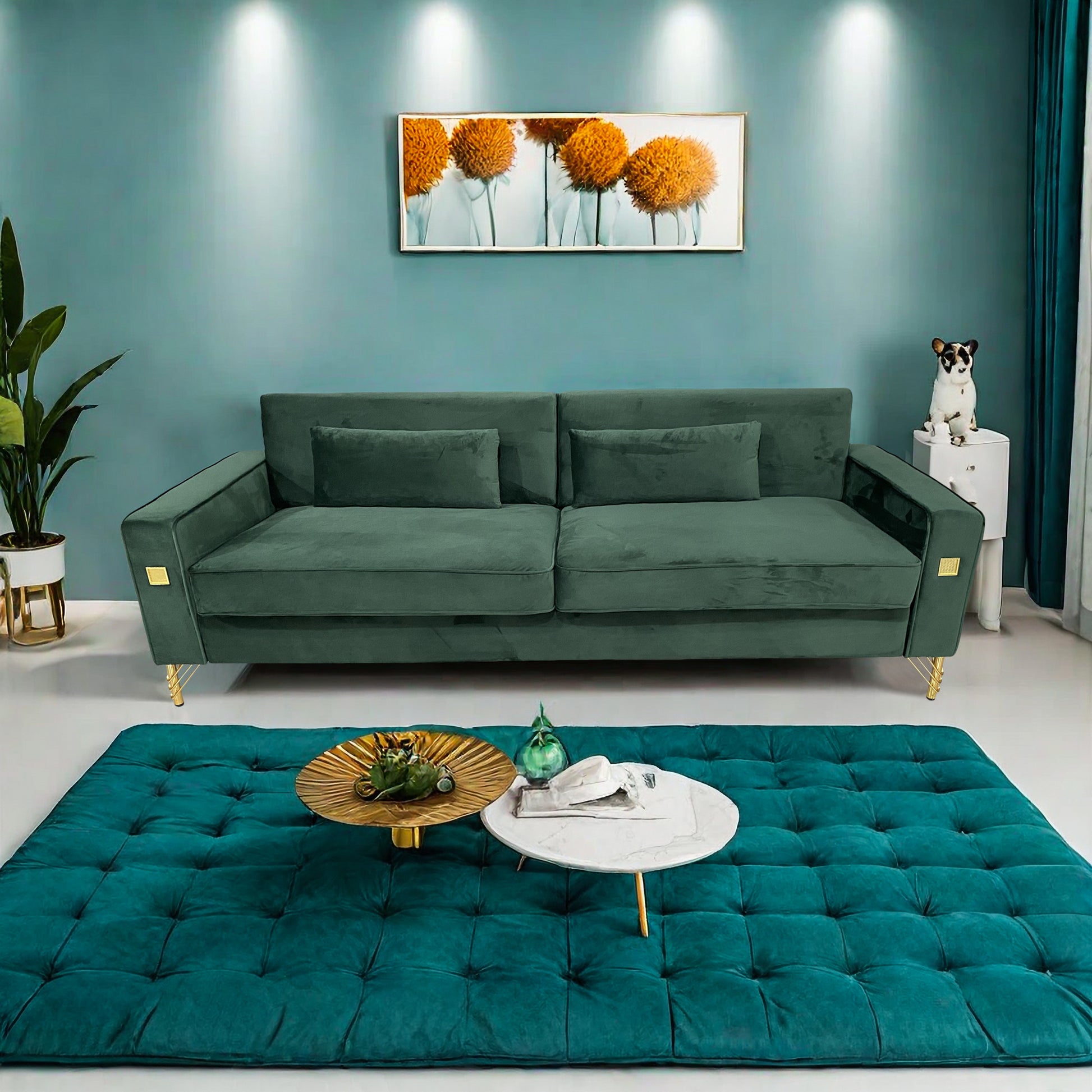 Fx P18 Rg2 Sofa Luxury Emerald Green Velvet Sofa With Gold Accents Modern 3 Seat Couch With Plush Cushions, Perfect For Living Room And Office Decor Retro Green Velvet 2 Seat