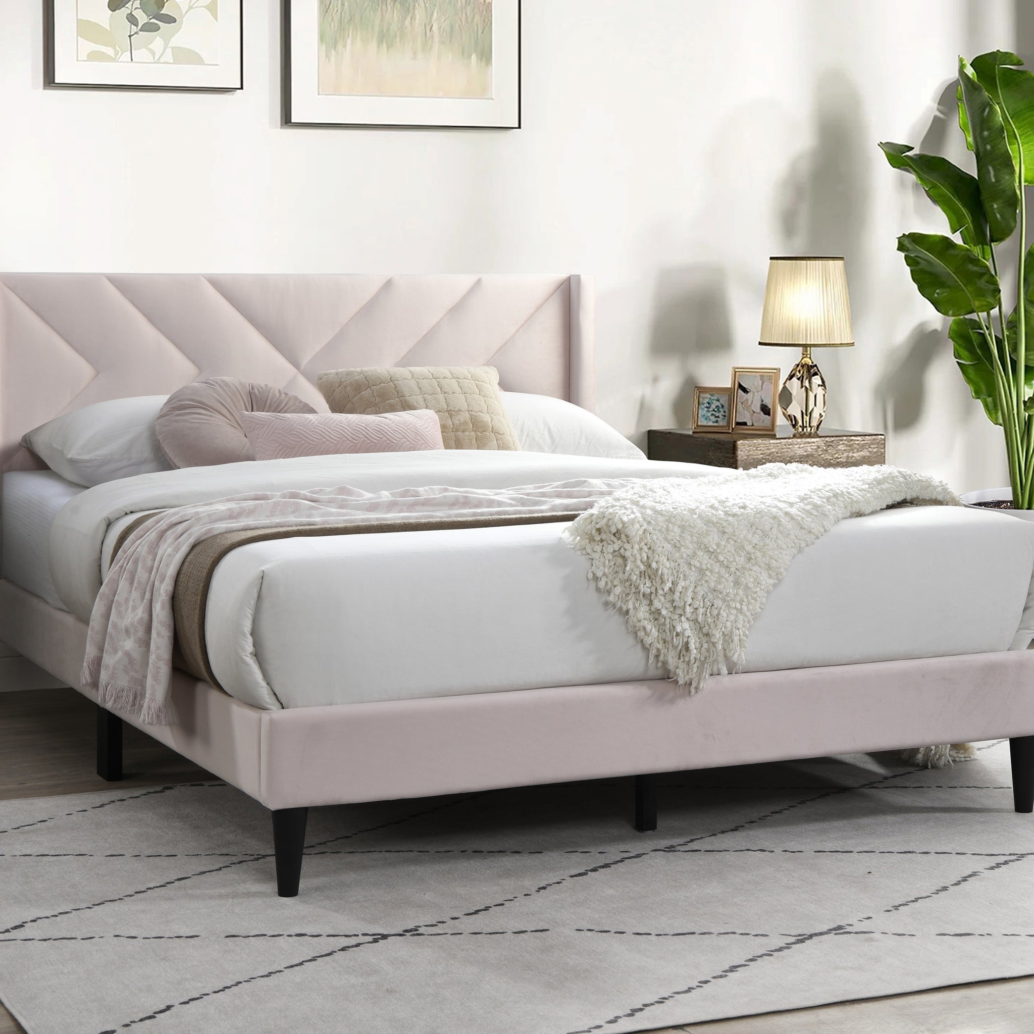 Elegant Modern Light Pink Velvet Upholstered Queen Size Bed Clean Lines Design Headboard 1Pc Bedframe Box Spring Not Required Queen Light Pink Wood Bedroom Contemporary,Modern Bed Frame Velvet