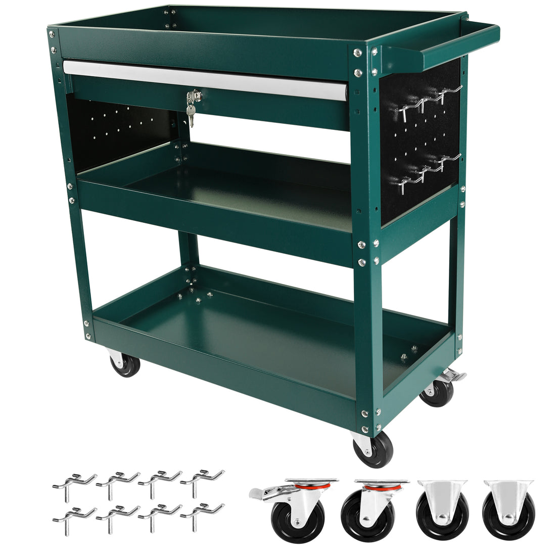 3 Tier Rolling Tool Cart, Heavy Duty Utility Cart Tool Organizer With Storage Drawer, Industrial Commercial Service Tool Cart For Mechanics, Garage, Warehouse & Repair Shop Green Steel