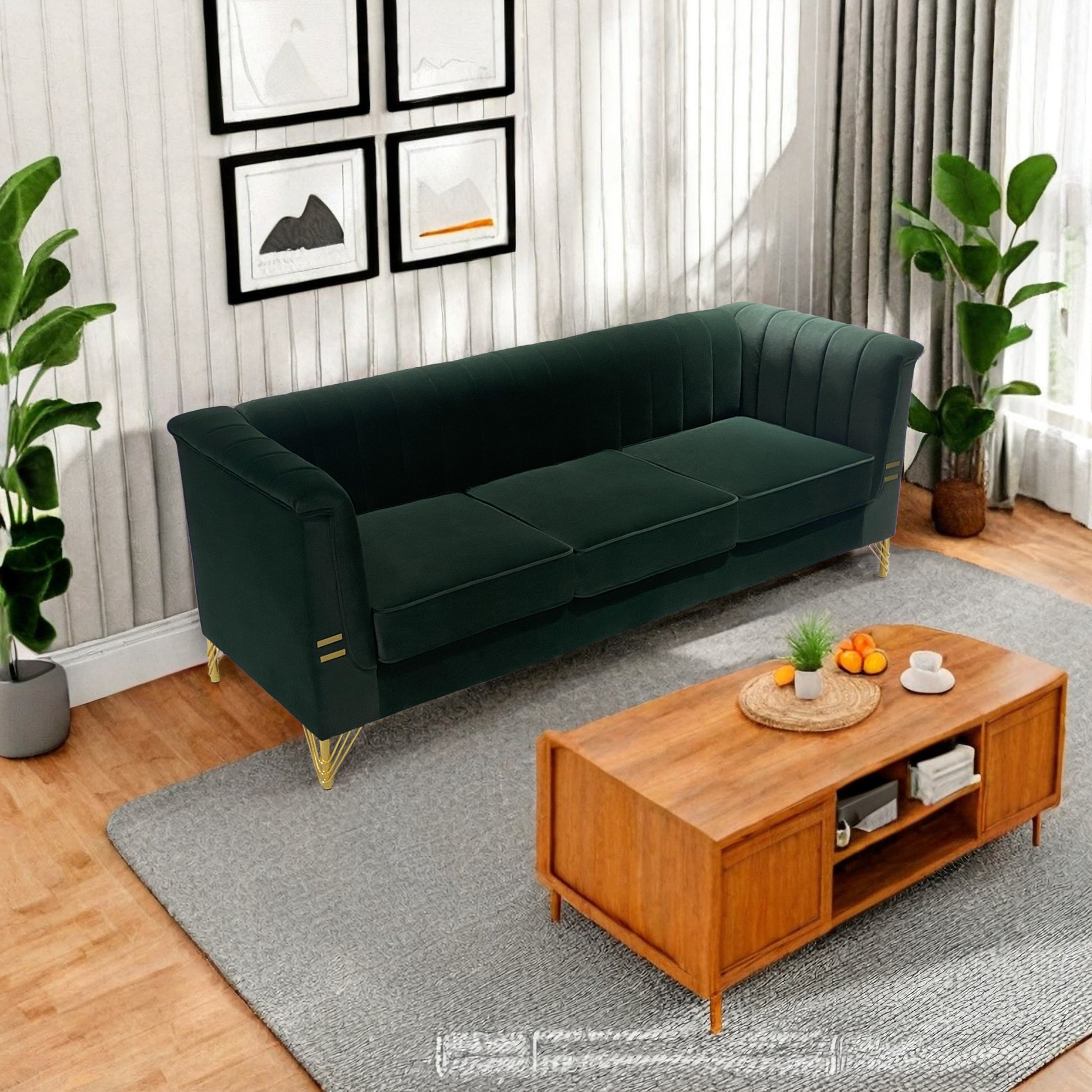 Fx P82 Gr Sofa 82.67'' W Velvet Sofa, Mid Century Sofa Furniture Chesterfield Couch For Living Room Sofa, Green Green Velvet 3 Seat