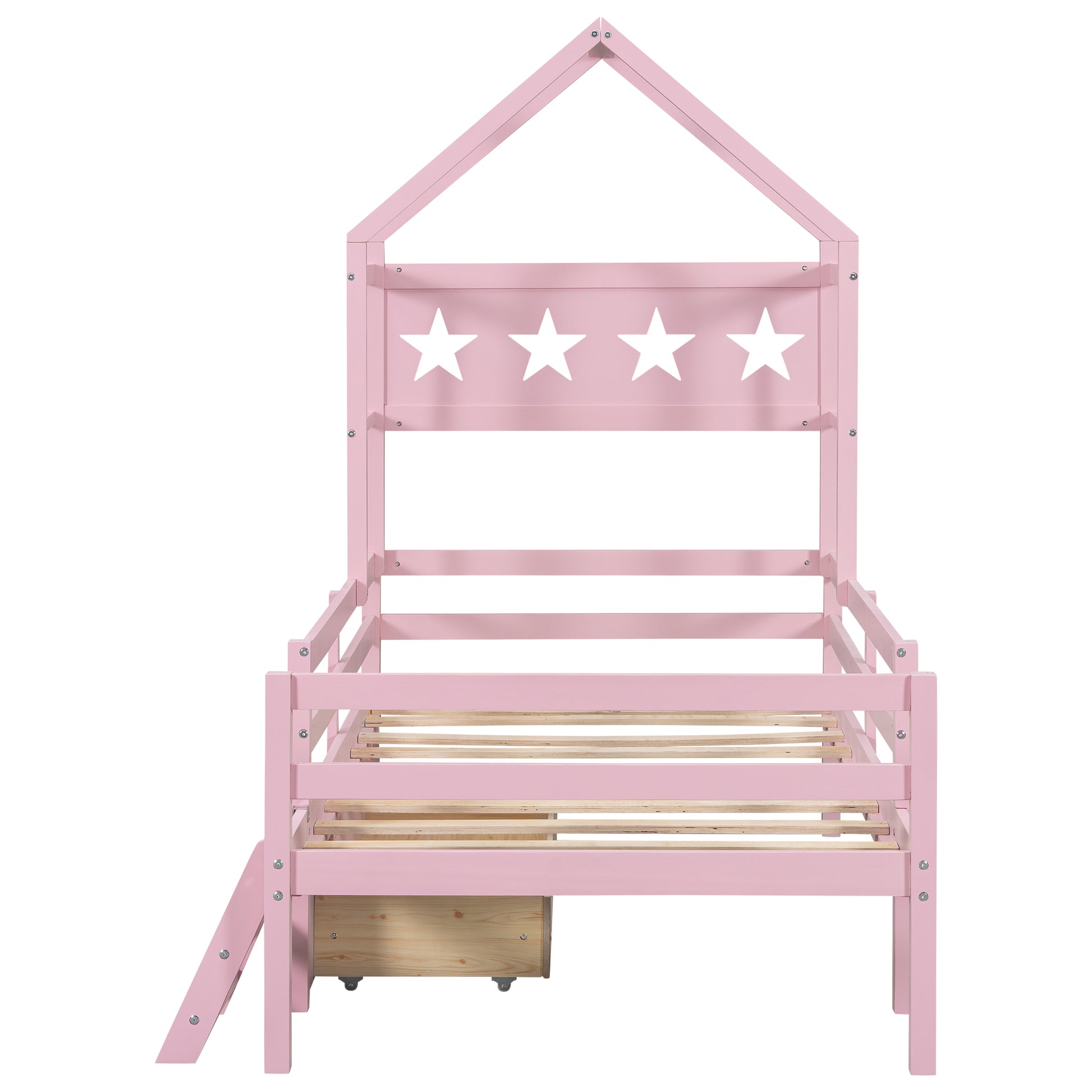 Wood Twin Size House Platform Bed With Guardrail And Drawer, Pink Box Spring Not Required Twin Pink Wood Bedroom Bed Frame Solid Wood Mdf