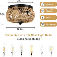 3 Lights Woven Rattan Flush Mount Ceiling Light Fixture With Hand Worked Cage Shade For Bedroom, Kitchen, Foyer, Porch Brown Rattan Metal