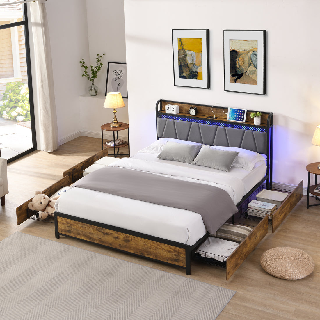 Queen Size Bed Frame, Storage Headboard With Charging Station And 4 Storage Drawers,Led Lightsbrown And And Gray Queen Black Brown Grey Mdf Metal