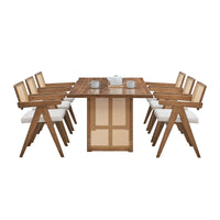 86.61 Inch Oversize Rectangular Dining Set,7 Pcs Wooden Dining Table And Chairs,Mid Century Modern Large Kitchen Set For Living Room,Bohemian Dining Table With Rattan Weave For Restaurant,Office,Oak