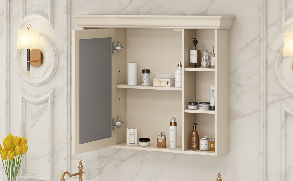 35'' X 28'' Blue Wall Mounted Bathroom Storage Cabinet With Mirror Door, Modern Bathroom Wall Cabinet With Mirror, Medicine Cabinet With 6 Open Shelves Beige Cream 1 Adjustable Shelves Wall Mounted Luxury Mdf Glass Painted