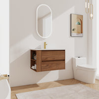 30" Wall Mounting Bathroom Vanity With Ceramic Sink, 2 Soft Close Drawer 2 Brown Oak 1 Bathroom Wall Mounted Modern Plywood