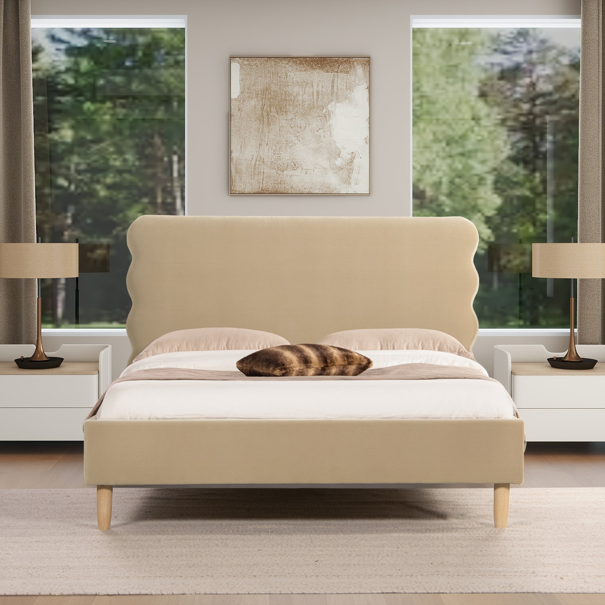 Stockholm Modern Wavy Headboard Platform Bed, Queen, Fawn Brown Performance Velvet Box Spring Not Required Queen Brown Wood Foam Velvet Velvet