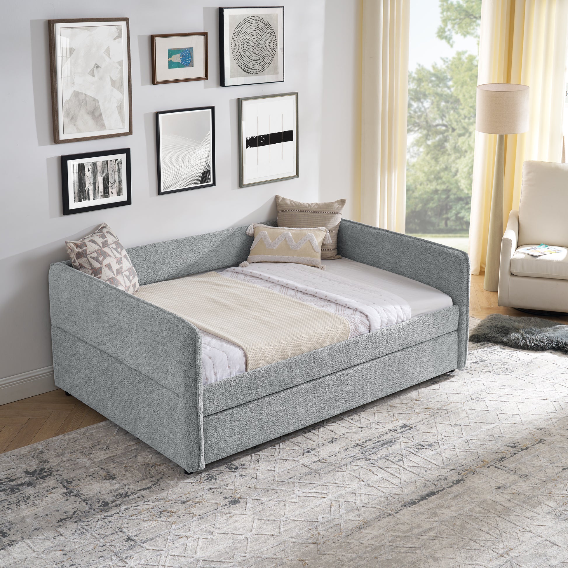 Daybed With Trundle Upholstered Tufted Sofa Bed, Full Size, Boucle Fabric, Grey 83"X58.5"X29.5" Grey Linen